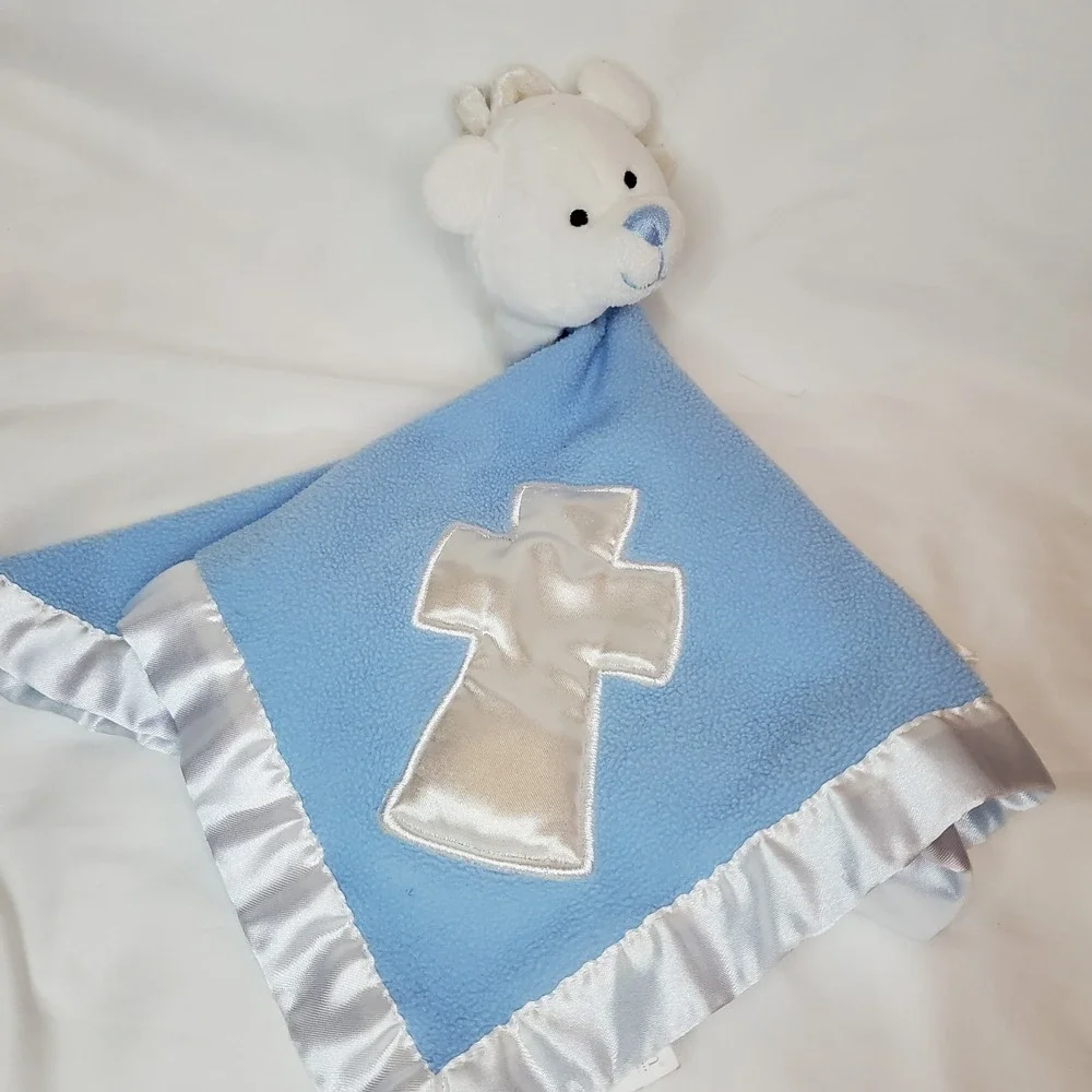 Baby Boom‎ Blue Lovey Security Blanket White Angel Bear Satin Cross Trim